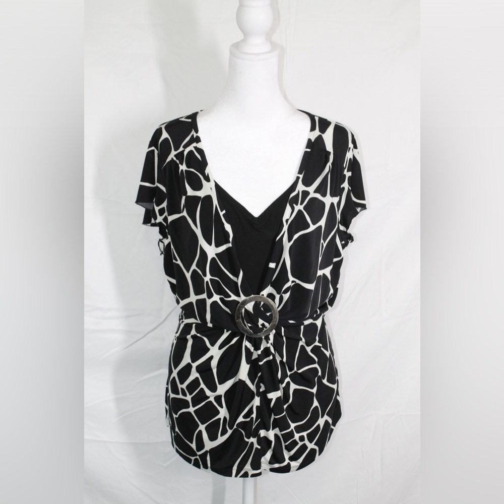 Black & White Abstract Print Wrap Dress with Buckle